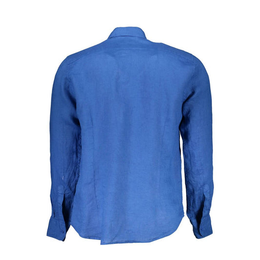 La Martina Blue Linen Men Shirt La Martina