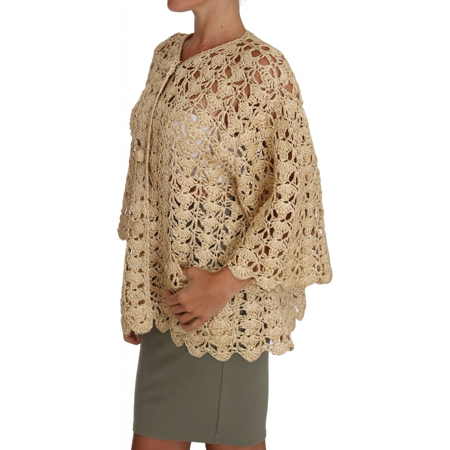 Dolce & Gabbana Beige Cardigan Crochet Knitted Raffia Sweater