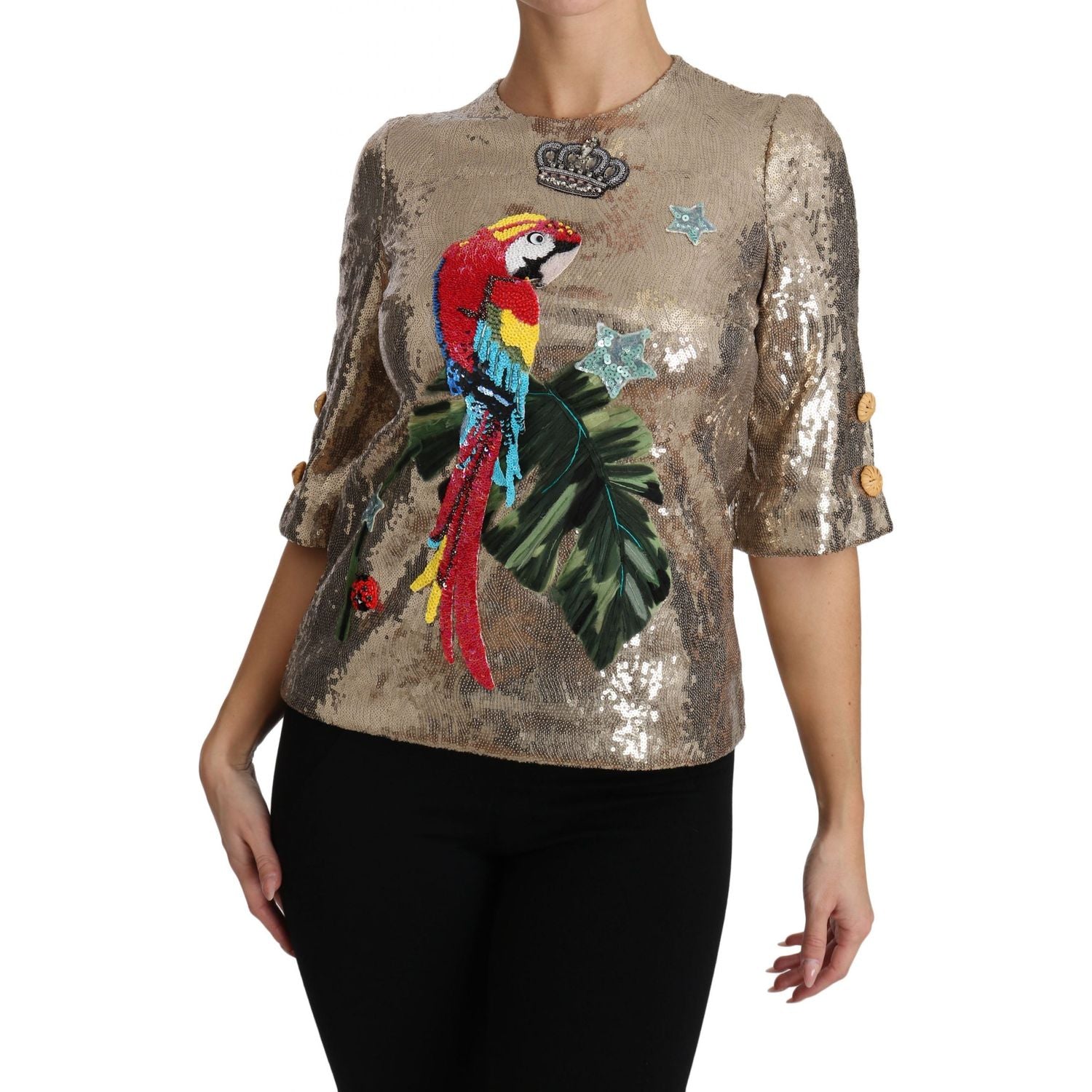 Dolce & Gabbana Gold Sequined Parrot Crystal Blouse