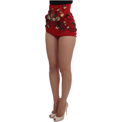 Dolce & Gabbana Red Silk Crystal Roses Shorts