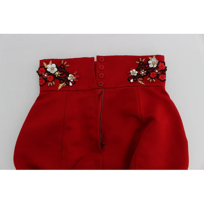 Dolce & Gabbana Red Silk Crystal Roses Shorts