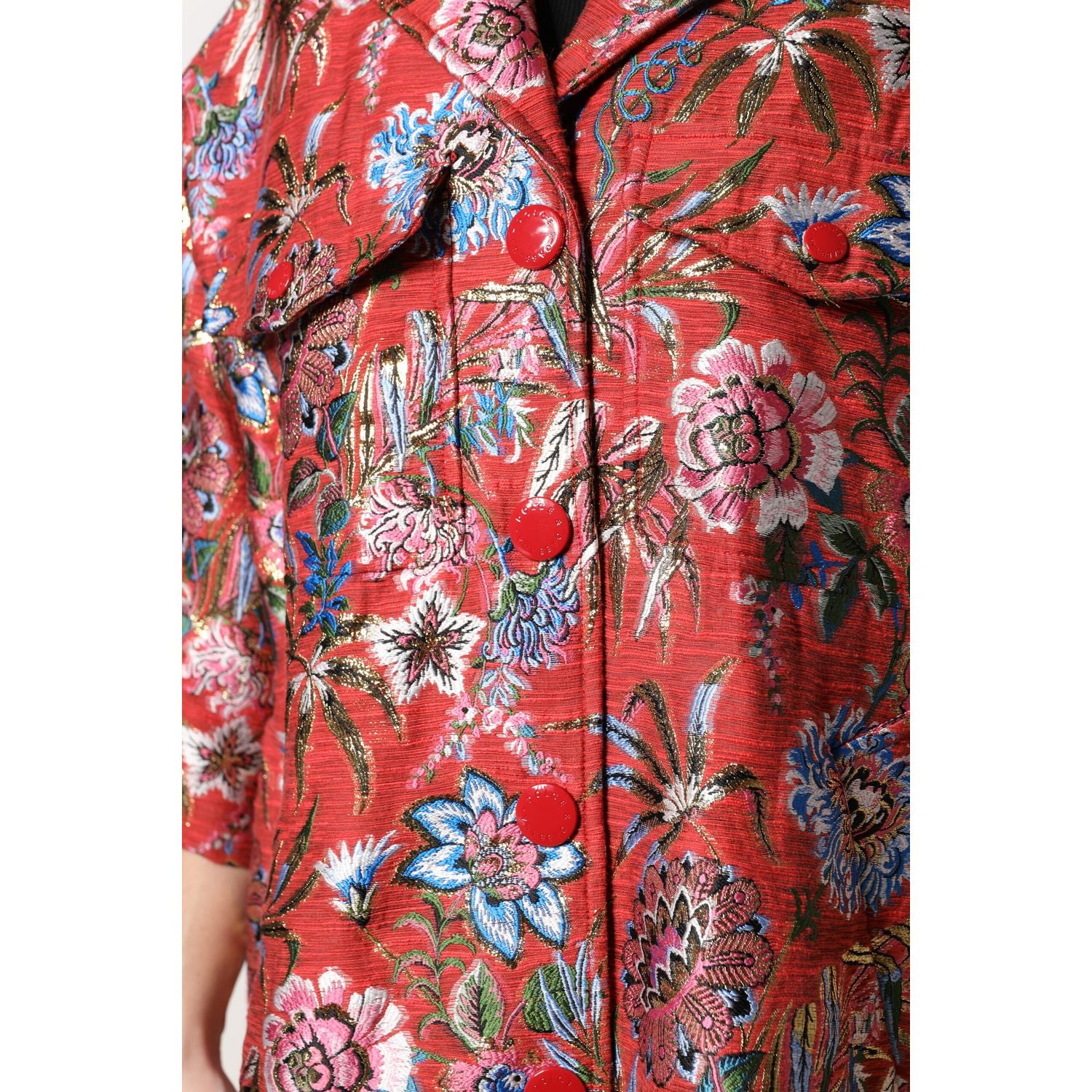 Dolce & Gabbana Red Floral Jacquard Button Down Coat Jacket