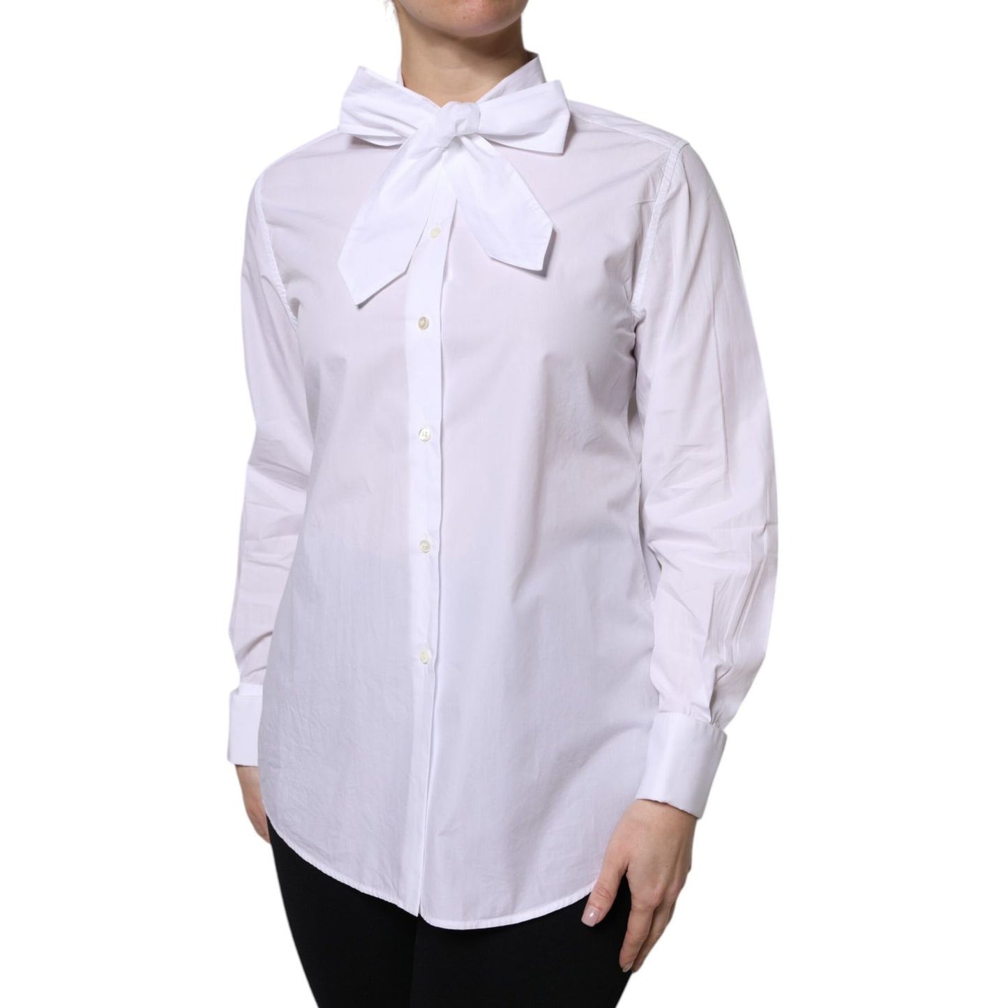 Dolce & Gabbana White Ascot Collar Long Sleeve Blouse Top