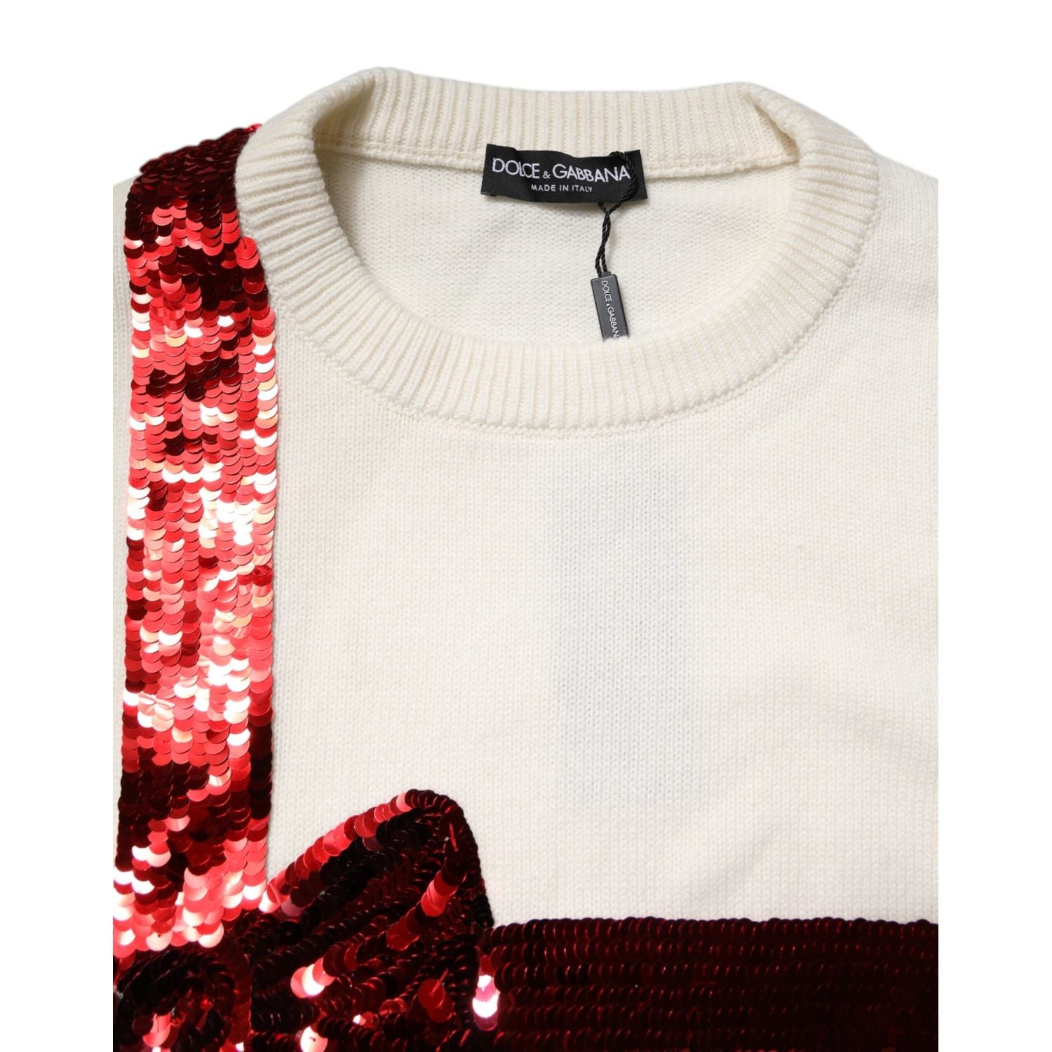 Dolce & Gabbana White Sequined Crew Neck Pullover Sweater