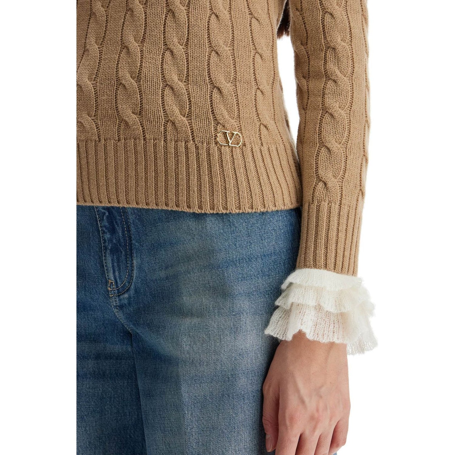 Valentino Garavani beige and ivory cable knit crew neck sweater Knitwear Valentino Garavani