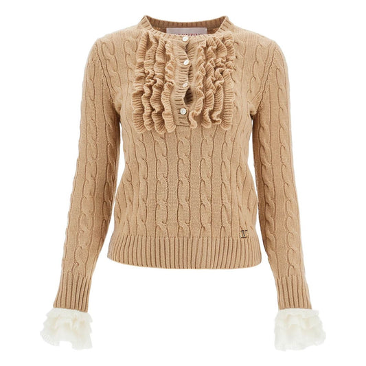 Valentino Garavani beige and ivory cable knit crew neck sweater