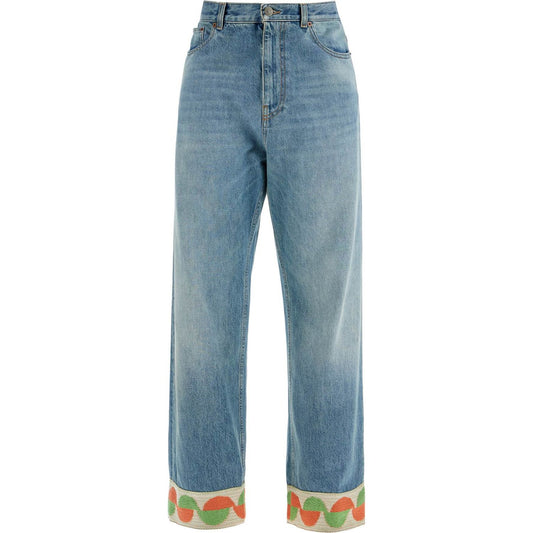 Valentino Garavani medium blue denim jeans with decorative green and orange trim