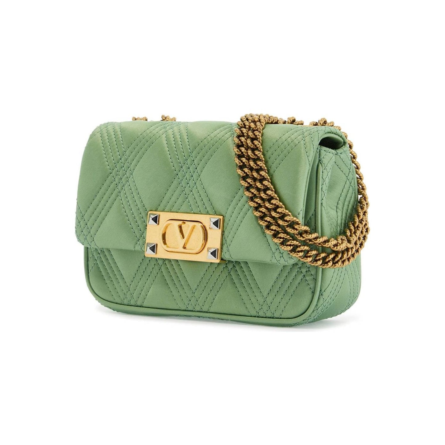 Valentino Garavani small quilted green silk shoulder bag with chain