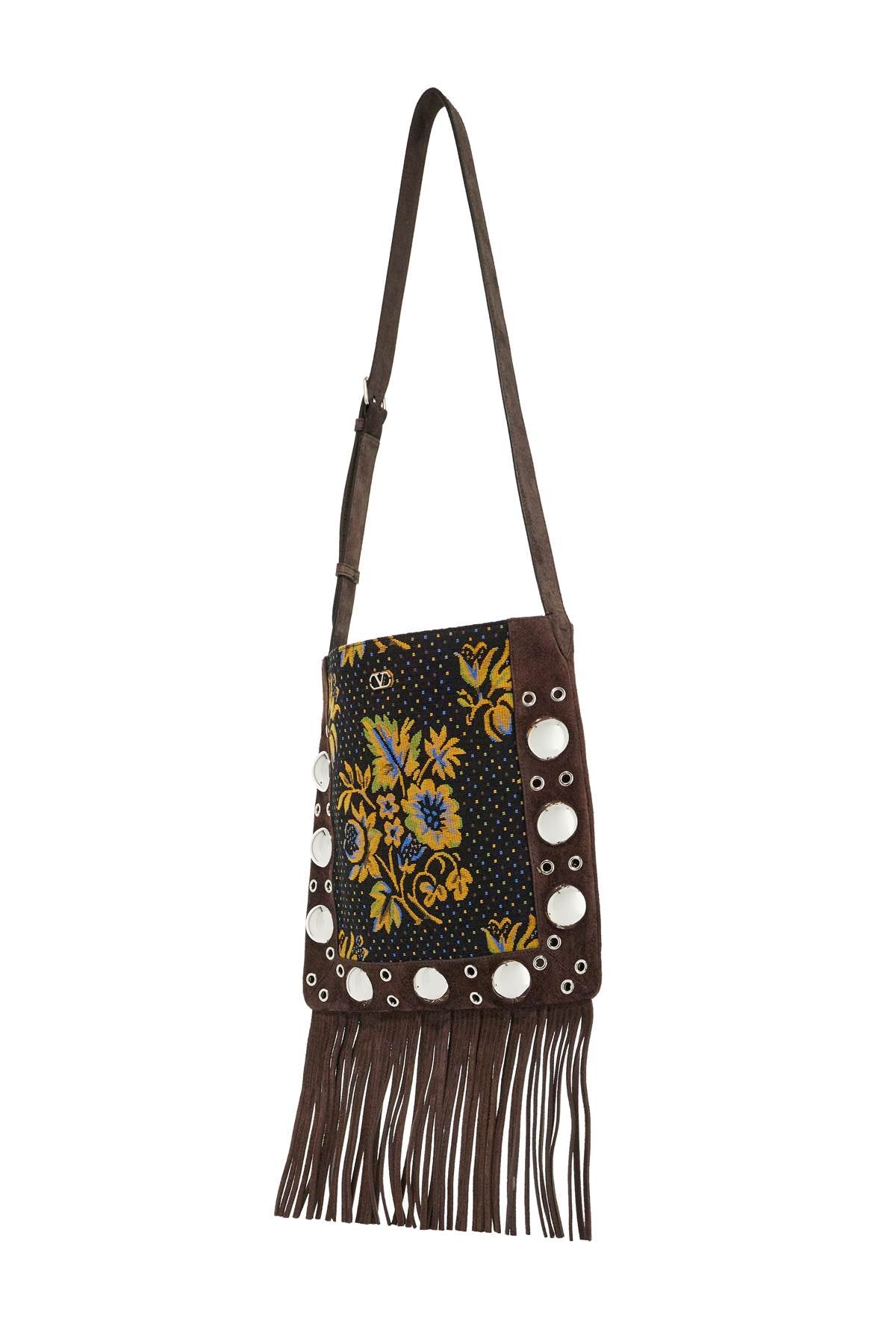 Valentino Garavani multicolored floral crossbody bag in dark brown with fringes