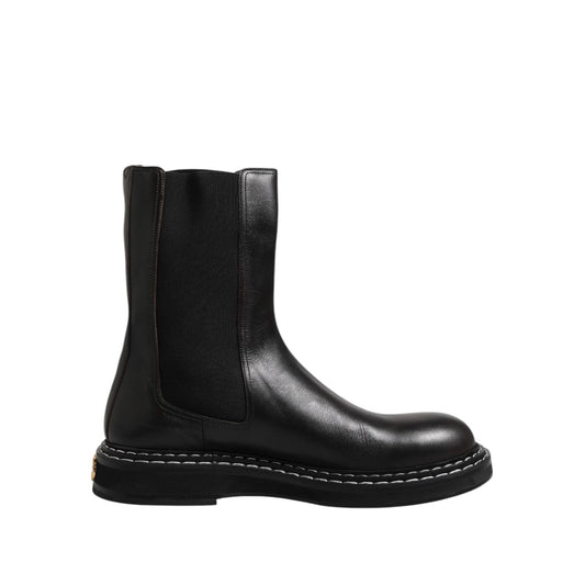 Dolce & Gabbana Black Leather Mid Calf Boots Flats Shoes