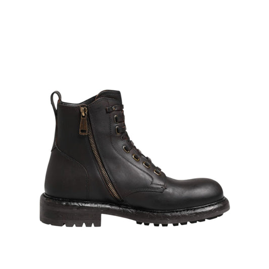 Dolce & Gabbana Dark Brown Leather Lace Up Mid Calf Boots Shoes