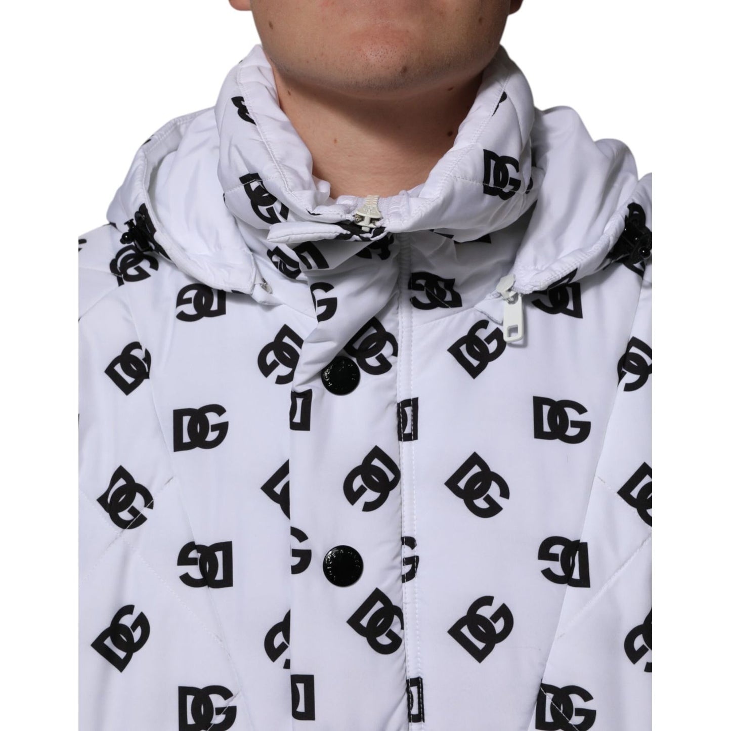 Dolce & Gabbana White DG Monogram Hooded Quilted Jacket