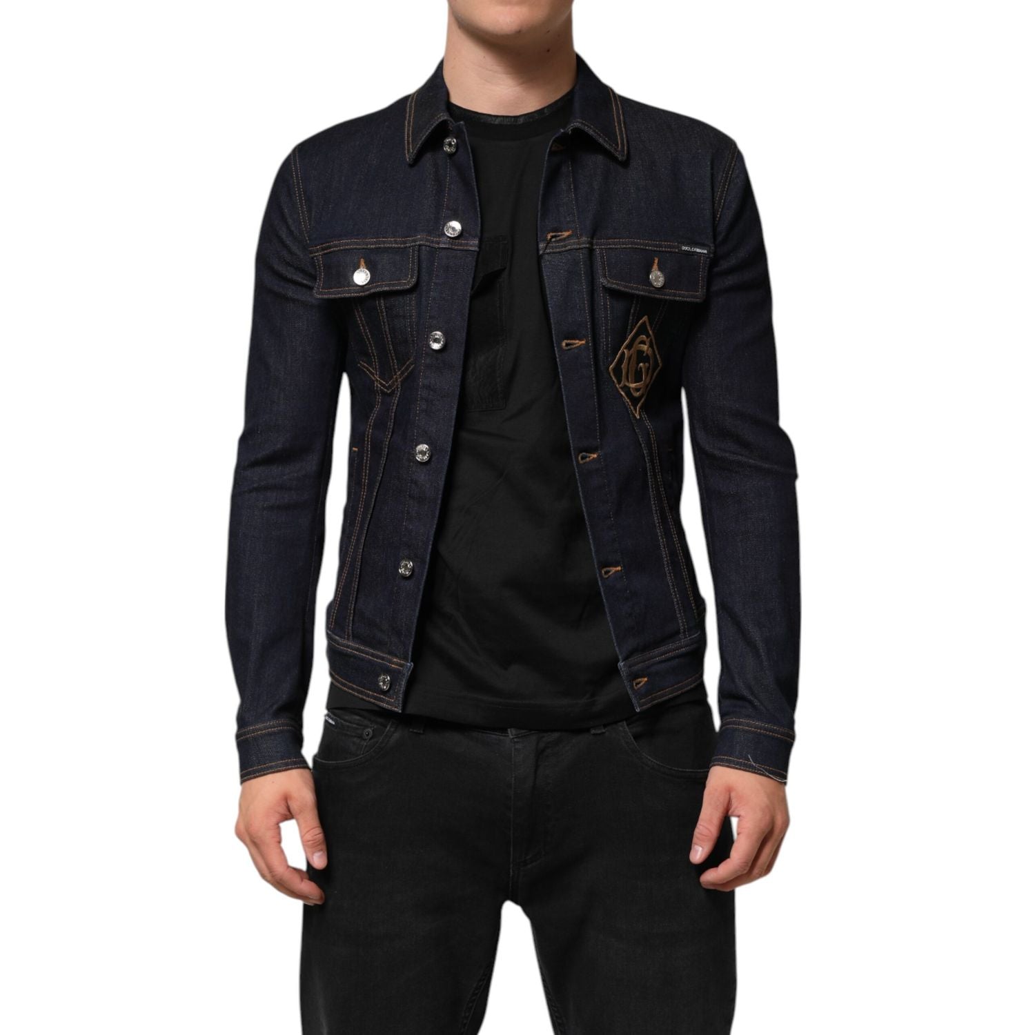 Dolce & Gabbana Indigo Blue Denim Slim Fit Logo Patch Jacket