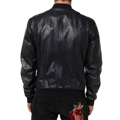 Dolce & Gabbana Blue Leather Full Zip Biker Blouson Jacket