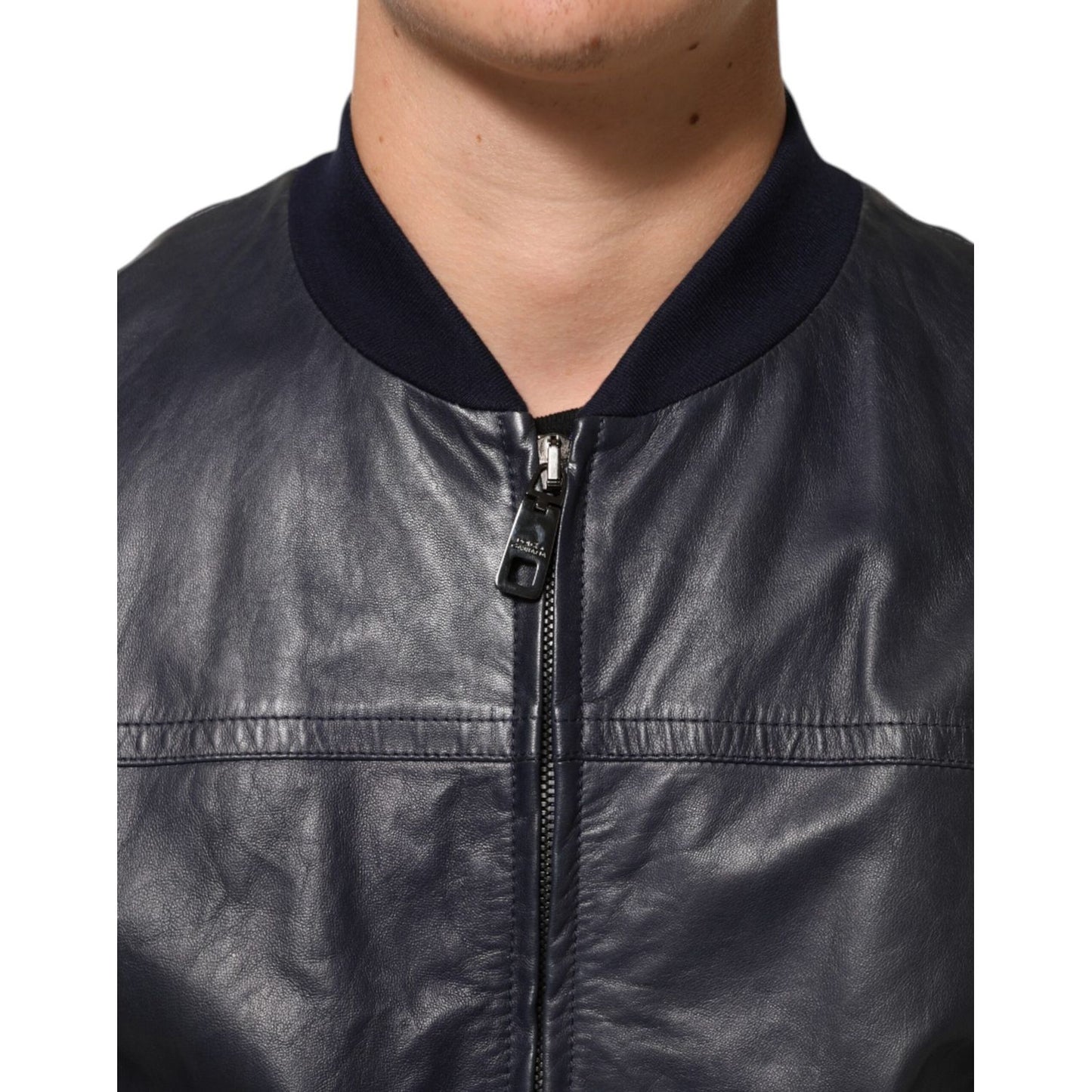 Dolce & Gabbana Blue Leather Full Zip Biker Blouson Jacket