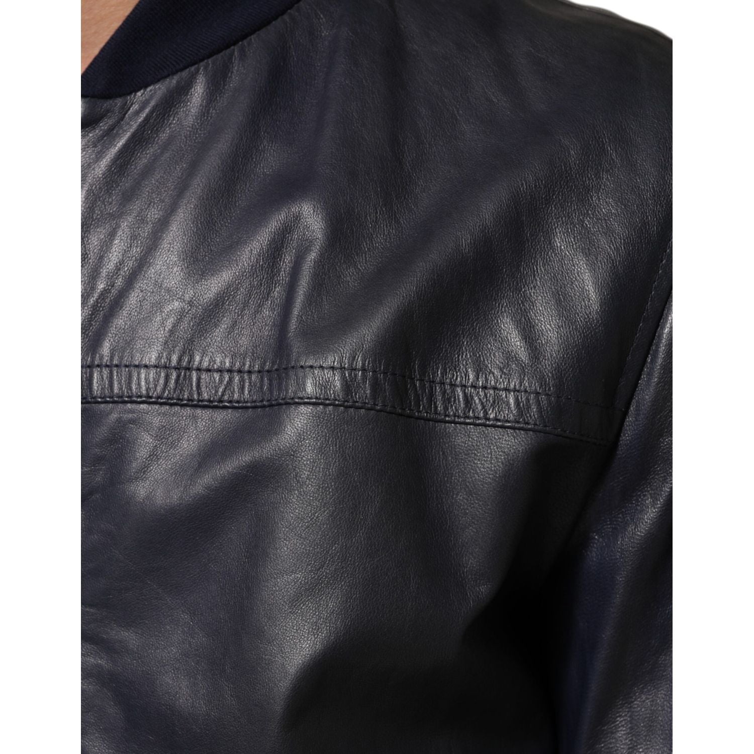 Dolce & Gabbana Blue Leather Full Zip Biker Blouson Jacket