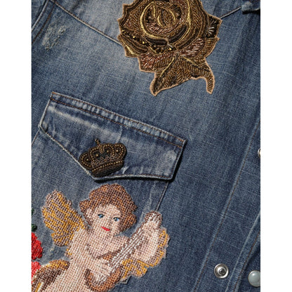 Dolce & Gabbana Blue Angel Patch Denim Buttoned Down Men Shirt