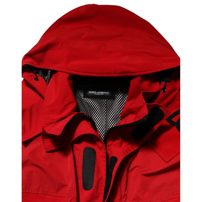 Dolce & Gabbana Red Nylon Hooded Men Full Zip Parka Jacket