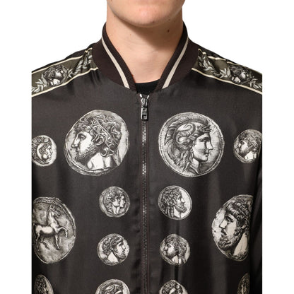 Dolce & Gabbana Black "Monete" Coin Print Silk Bomber Jacket