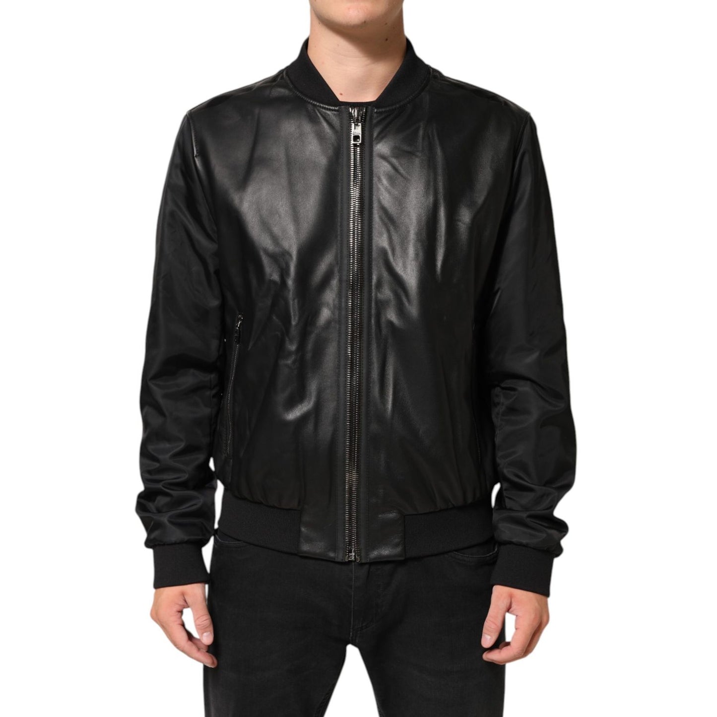 Dolce & Gabbana Black Leather Nylon FullZip Blouson Jacket