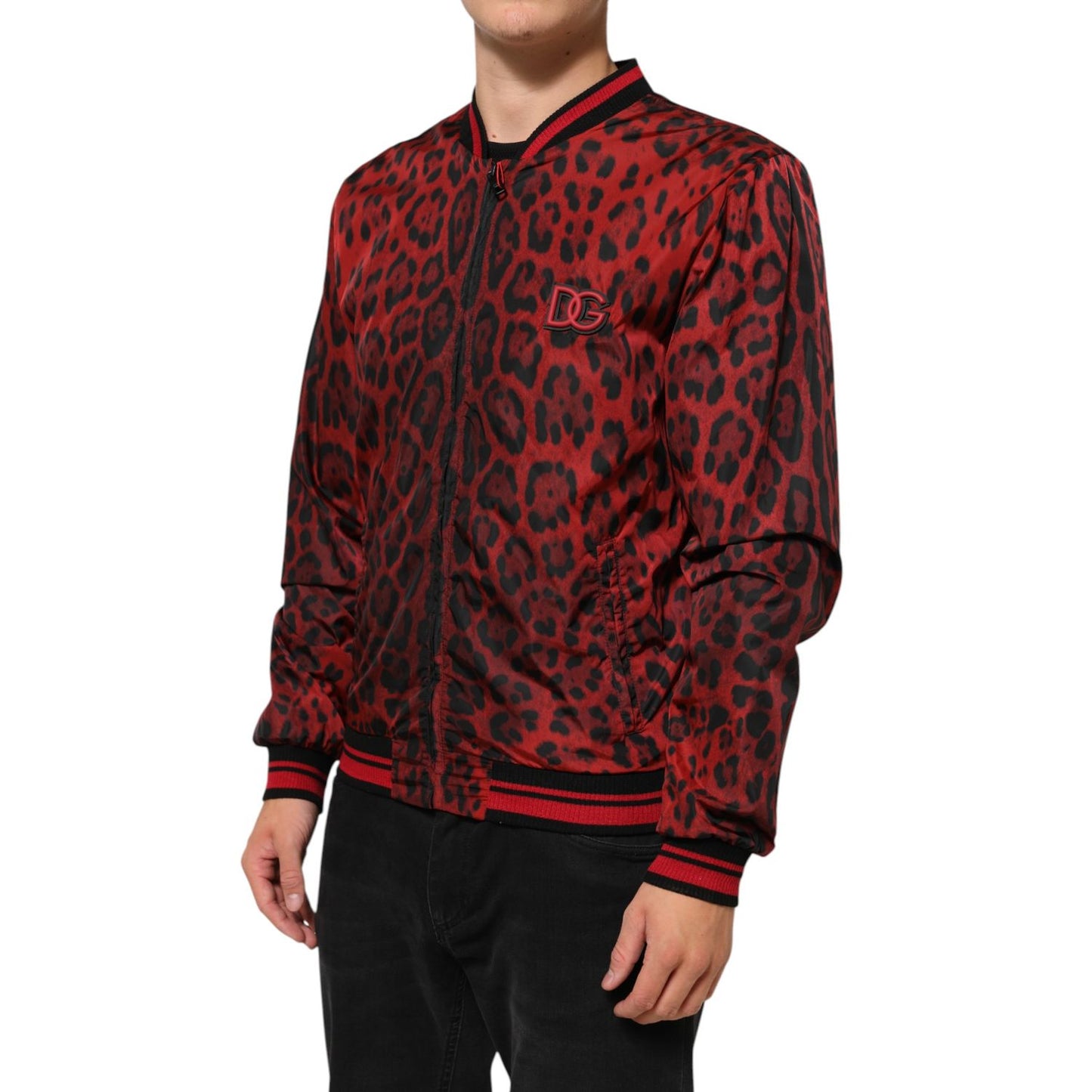 Dolce & Gabbana Red Leopard Print Full Zip Bomber Men Jacket