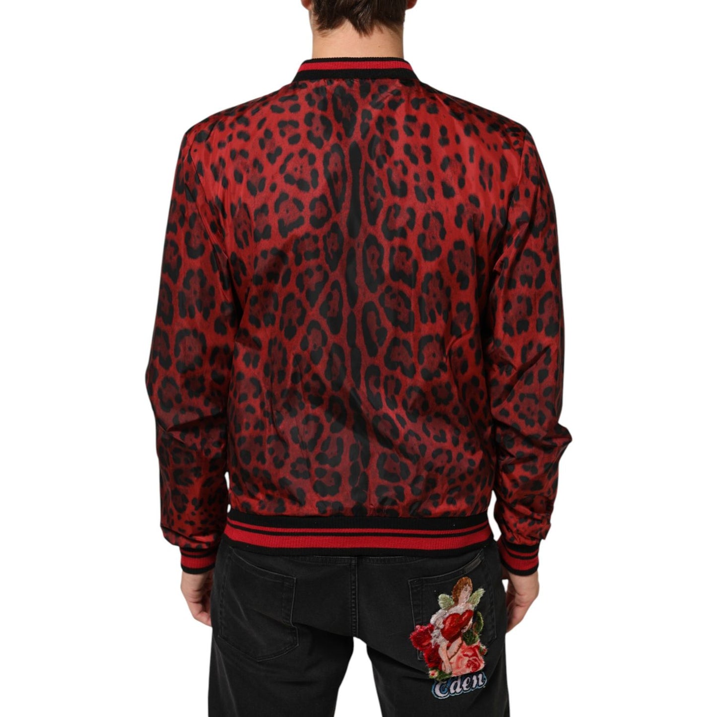 Dolce & Gabbana Red Leopard Print Full Zip Bomber Men Jacket