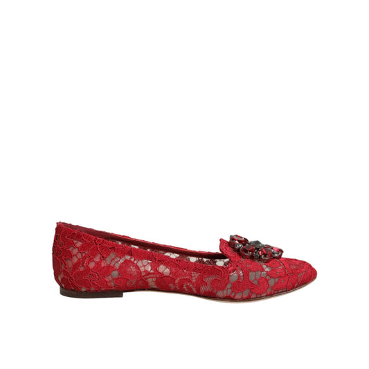 Dolce & Gabbana Red Lace Crystal Ballet Flats Loafers Shoes