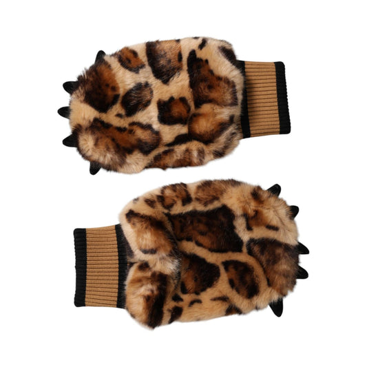 Dolce & Gabbana Brown Leopard Knitted Fur Wrist Mitten Gloves