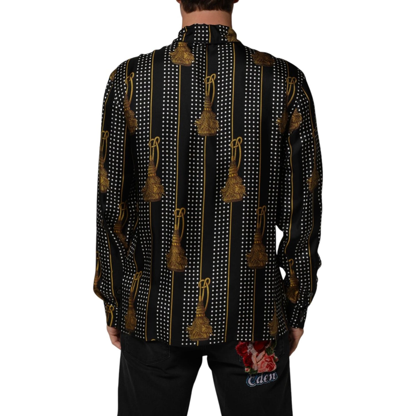 Dolce & Gabbana Black Dotted Tassel Silk Button Down Shirt