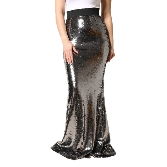 Dolce & Gabbana Metallic Gray Sequin High Waist Mermaid Skirt