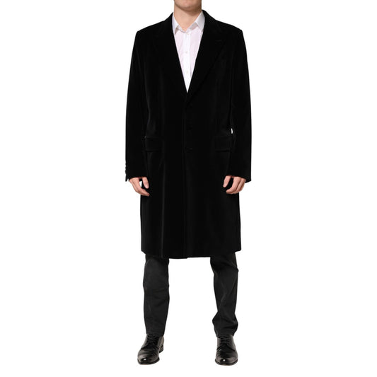 Dolce & Gabbana Black Cotton Velvet Long Trench Coat Jacket