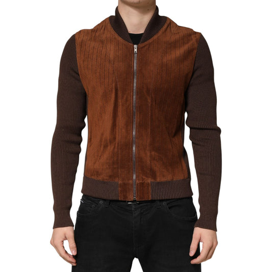 Dolce & Gabbana Brown Velvet Calfskin Full Zip Biker Jacket