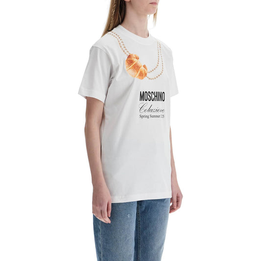 Moschino white cotton t-shirt with croissant and pearls print Topwear Moschino