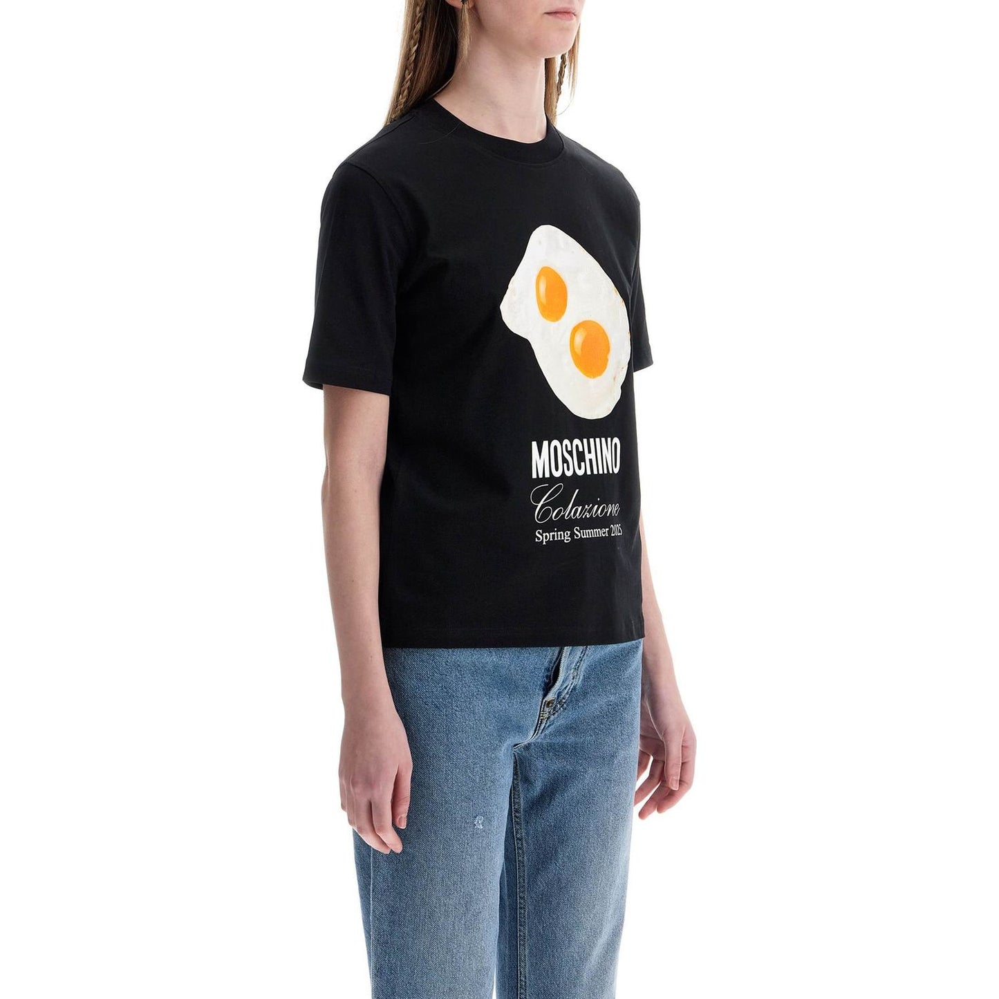 Moschino black cotton t-shirt with fried egg print Topwear Moschino