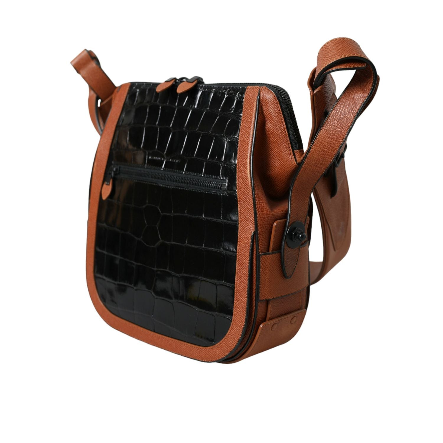 Balenciaga Black Brown Exotic Skin Leather Vertical Crossbody Purse Bag