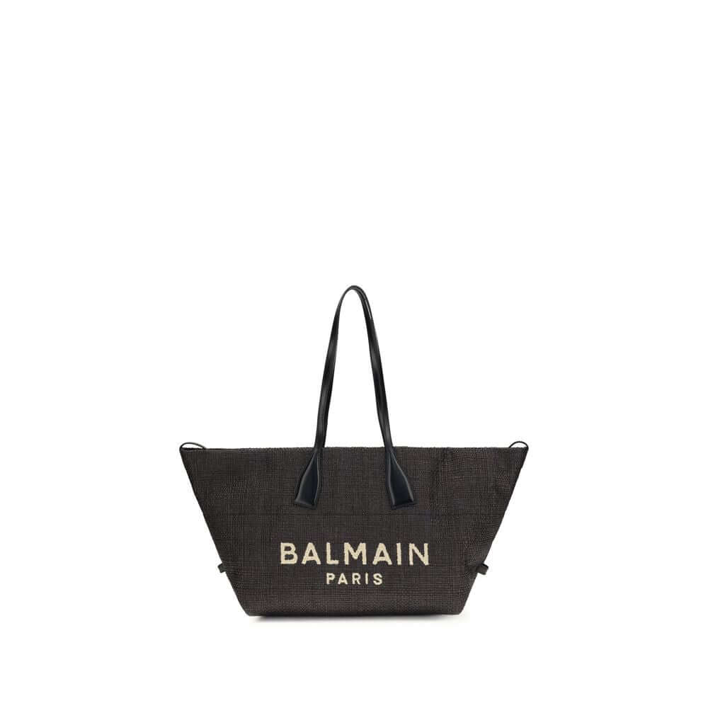 Balmain Black The Track Shoulder Bag In Leather And Raffia