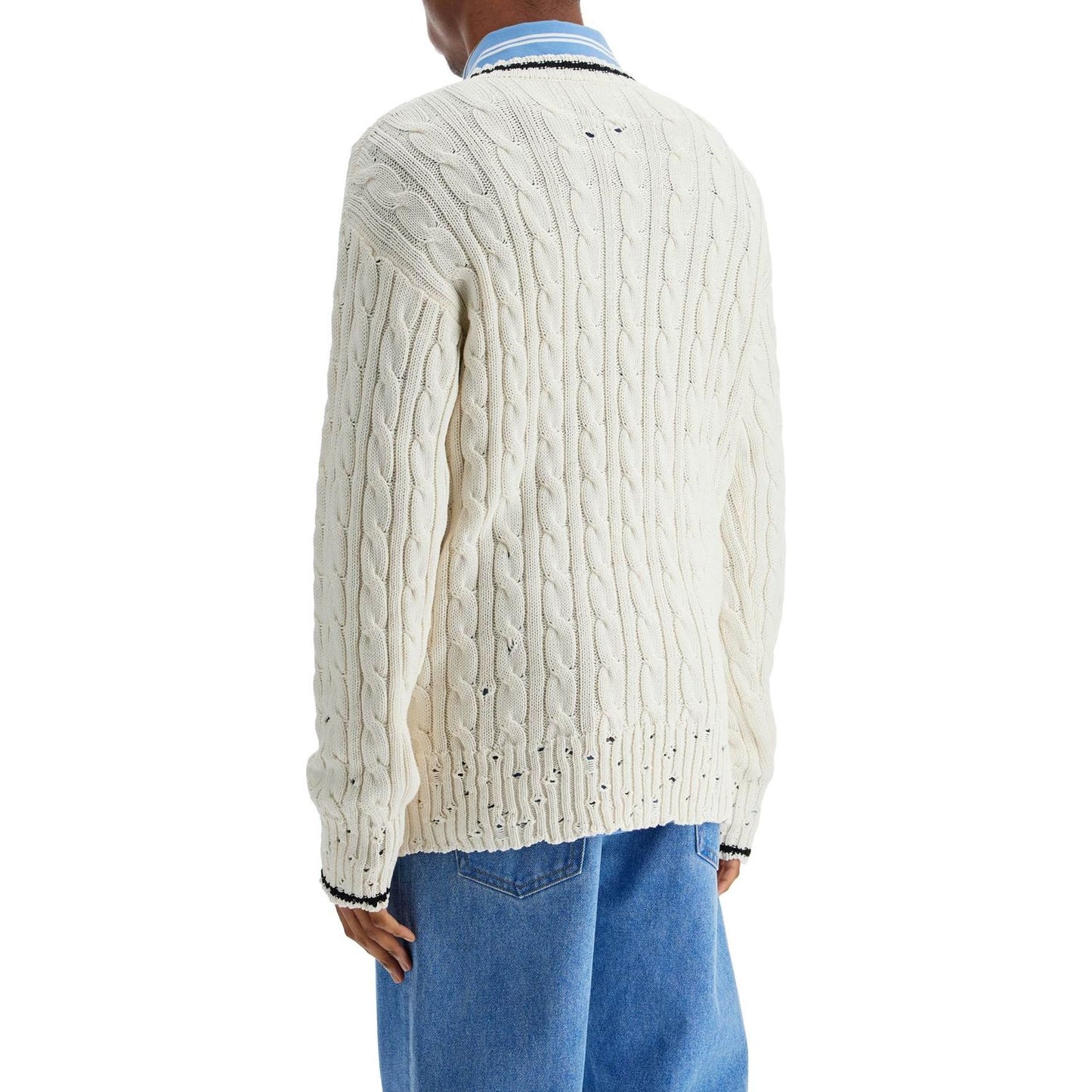 Marni white cotton sweater with cable knit v-neck Knitwear Marni