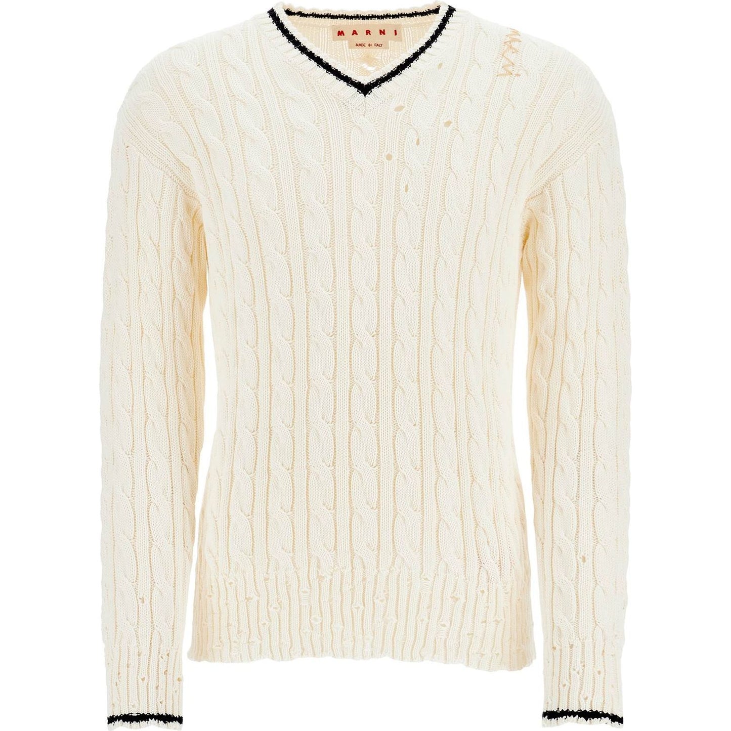 Marni white cotton sweater with cable knit v-neck Knitwear Marni