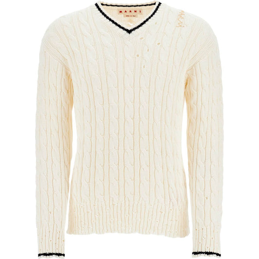 Marni white cotton sweater with cable knit v-neck Knitwear Marni