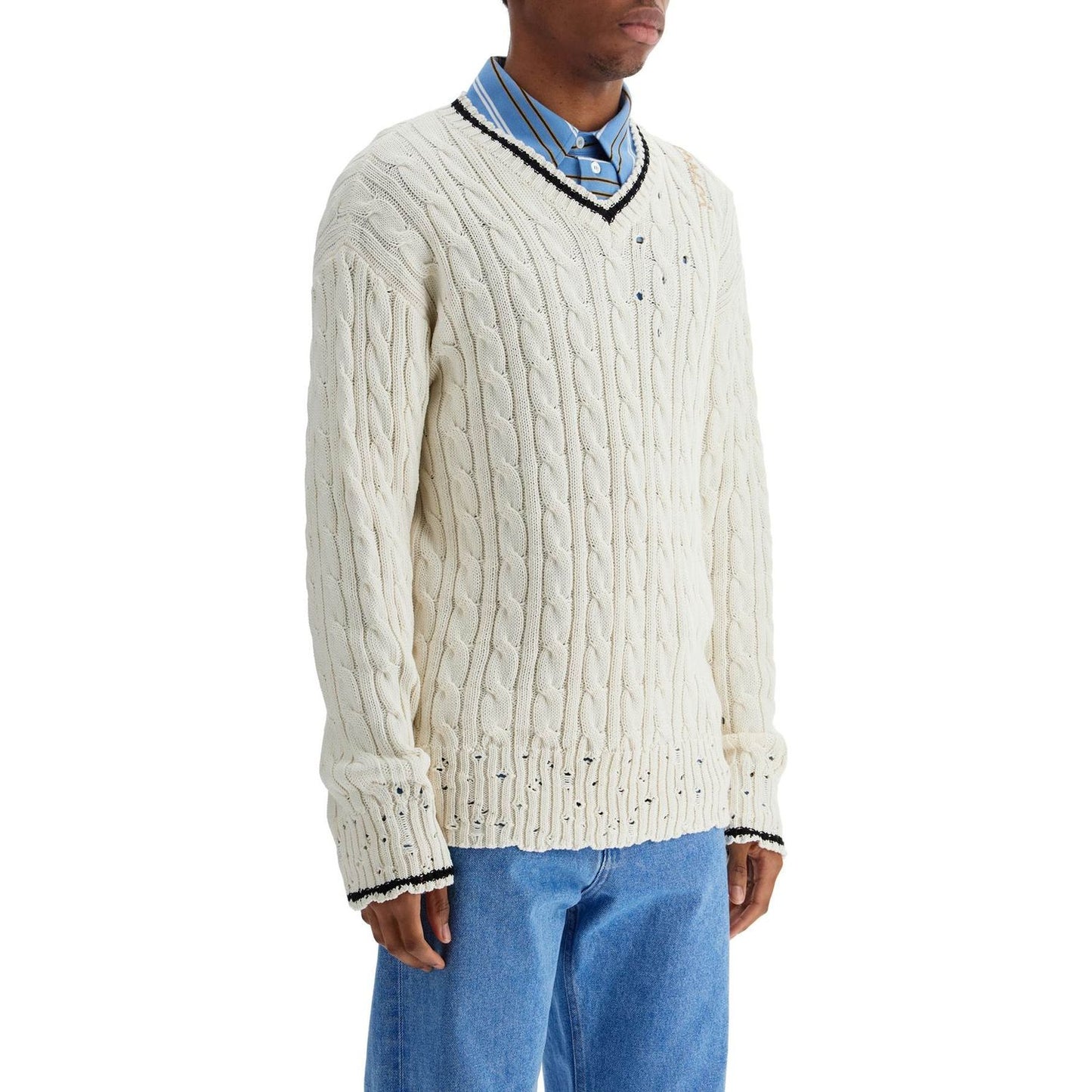 Marni white cotton sweater with cable knit v-neck Knitwear Marni