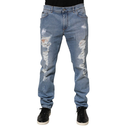 Dolce & Gabbana Blue Tattered Slim Fit Cotton Denim Jeans