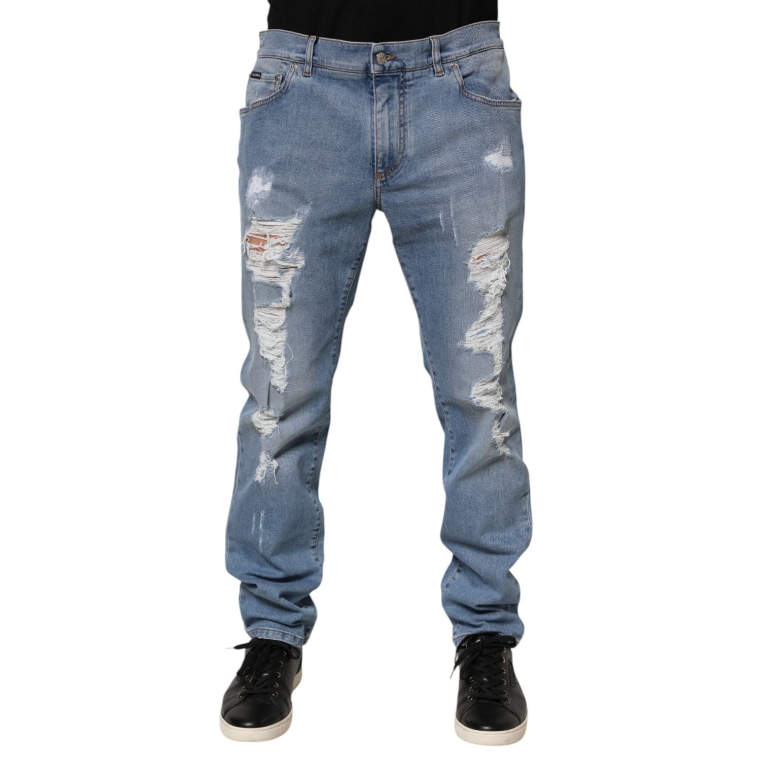 Dolce & Gabbana Blue Tattered Slim Fit Cotton Denim Jeans