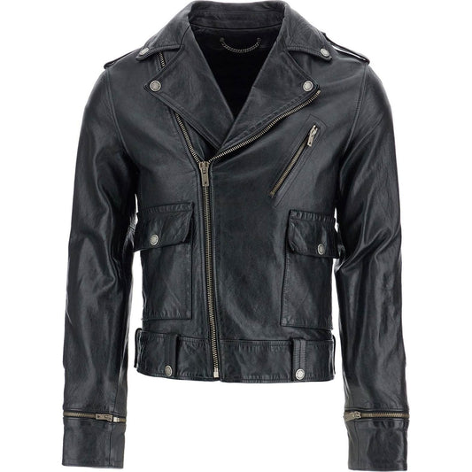 Golden Goose black waxed leather biker jacket with zip