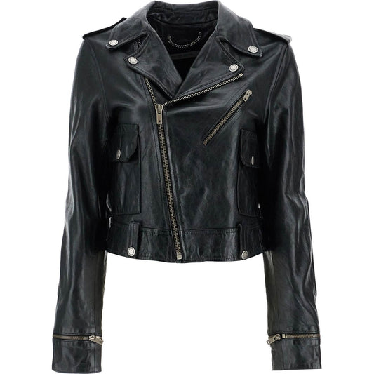 Golden Goose shiny black sheepskin biker jacket with sturdy zip