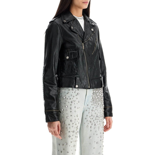 Golden Goose shiny black sheepskin biker jacket with sturdy zip