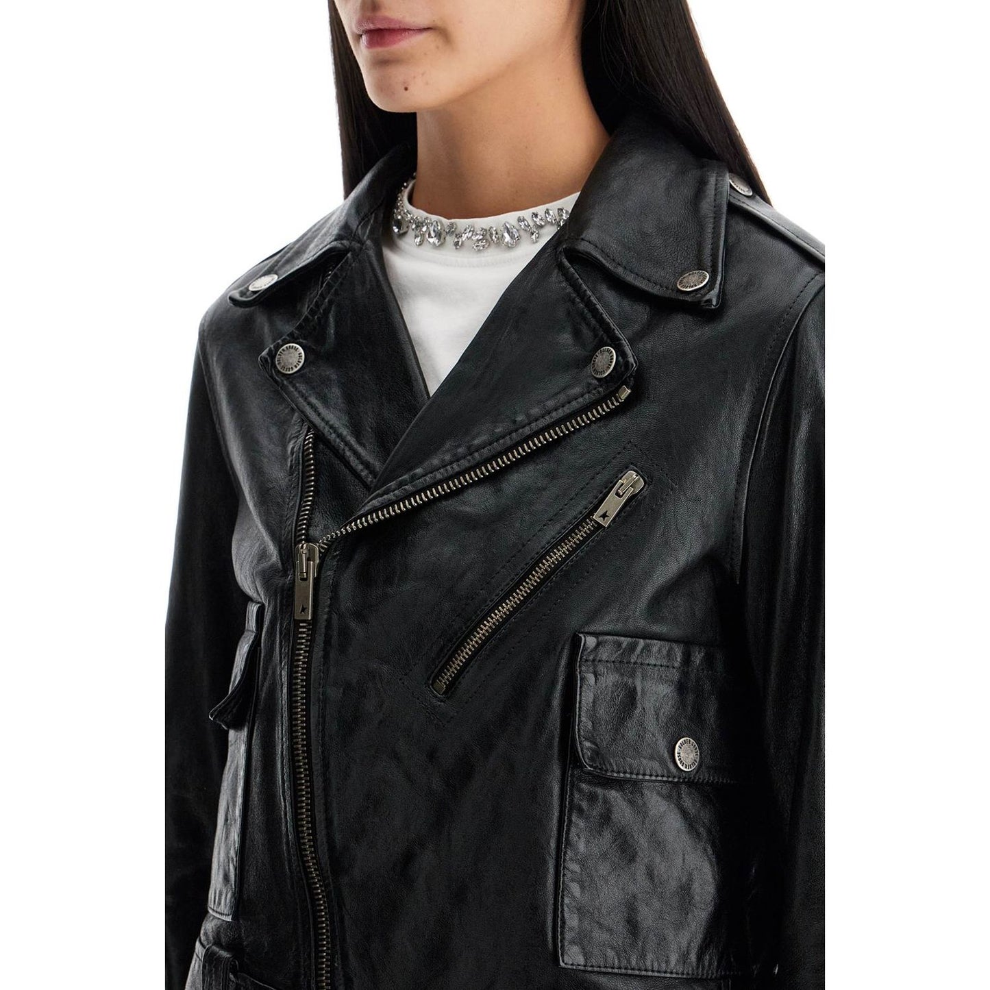 Golden Goose shiny black sheepskin biker jacket with sturdy zip Jackets Golden Goose