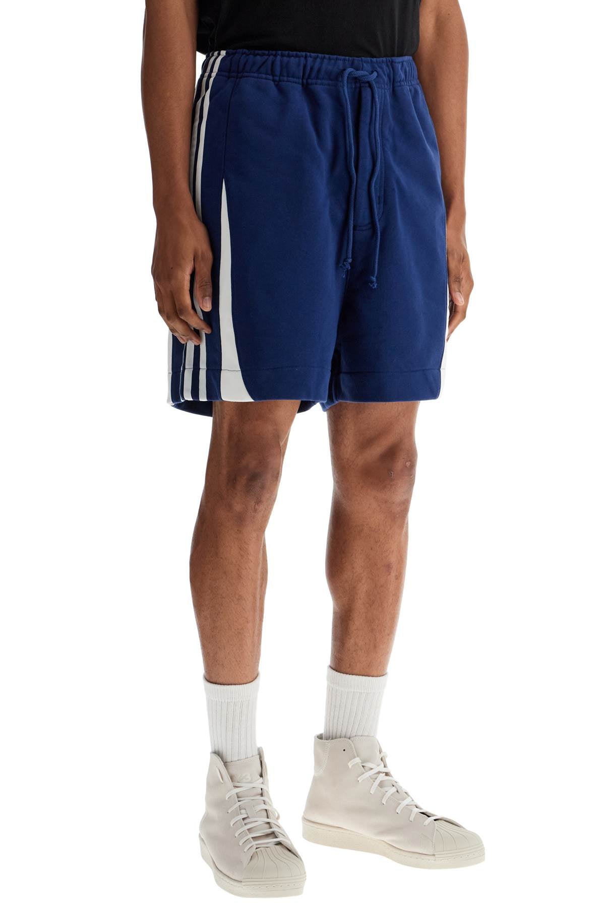 Y-3 blue cotton shorts with side stripes