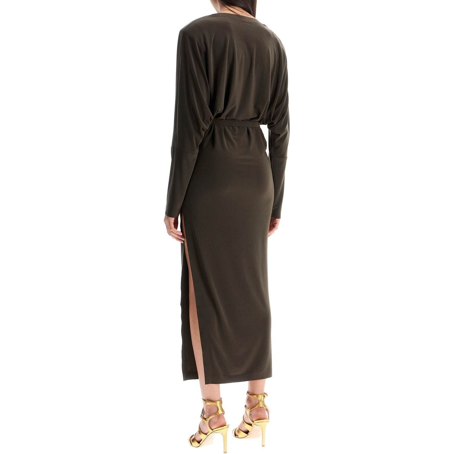 Norma Kamali brown midi slim long dress with v-neck and side slit