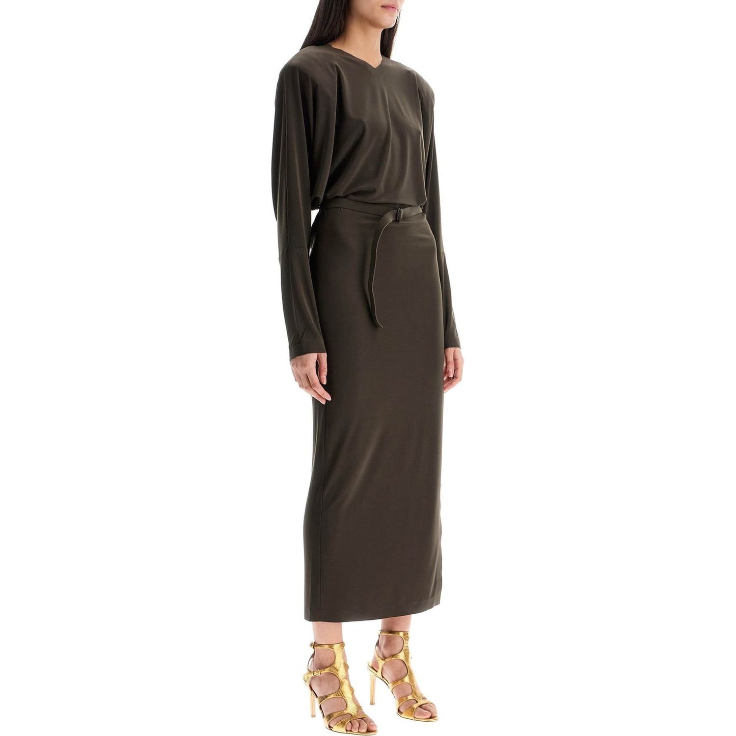 Norma Kamali brown midi slim long dress with v-neck and side slit