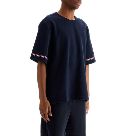 Thom Browne navy blue striped cotton t-shirt with wide neck Topwear Thom Browne